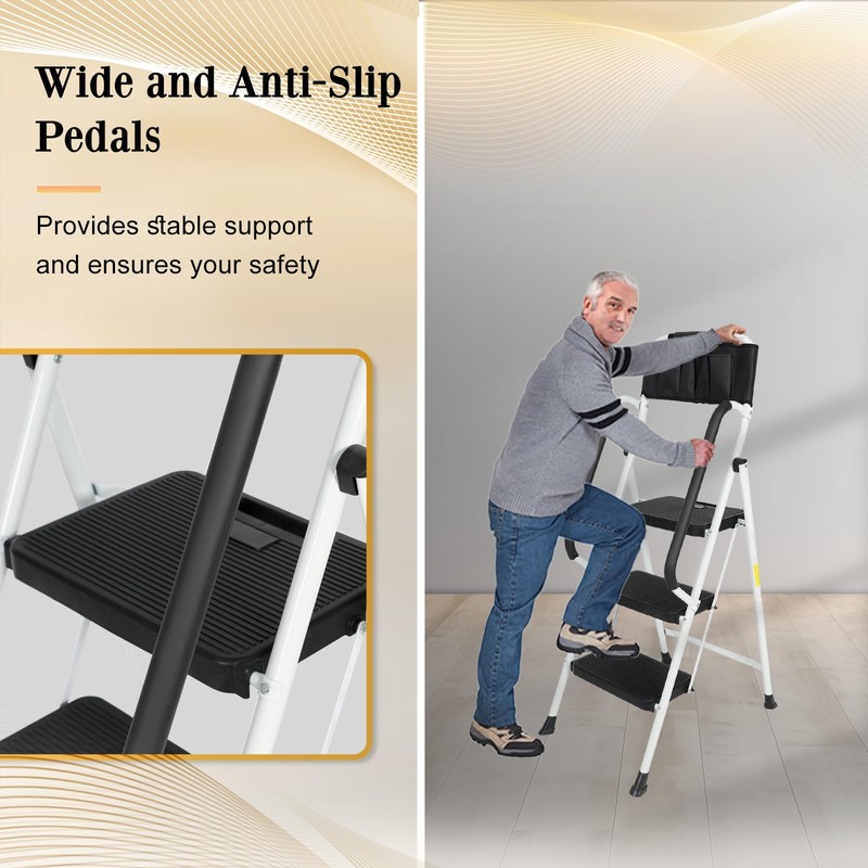 EASYBERG 3 Step Ladder with Safety Handrails, Heavy Duty Folding