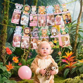 Jungle Animal 1st Birthday Decor 12 Months Photo Banner Wild a Decorations Safari Animals Theme Milestone Party Supplies