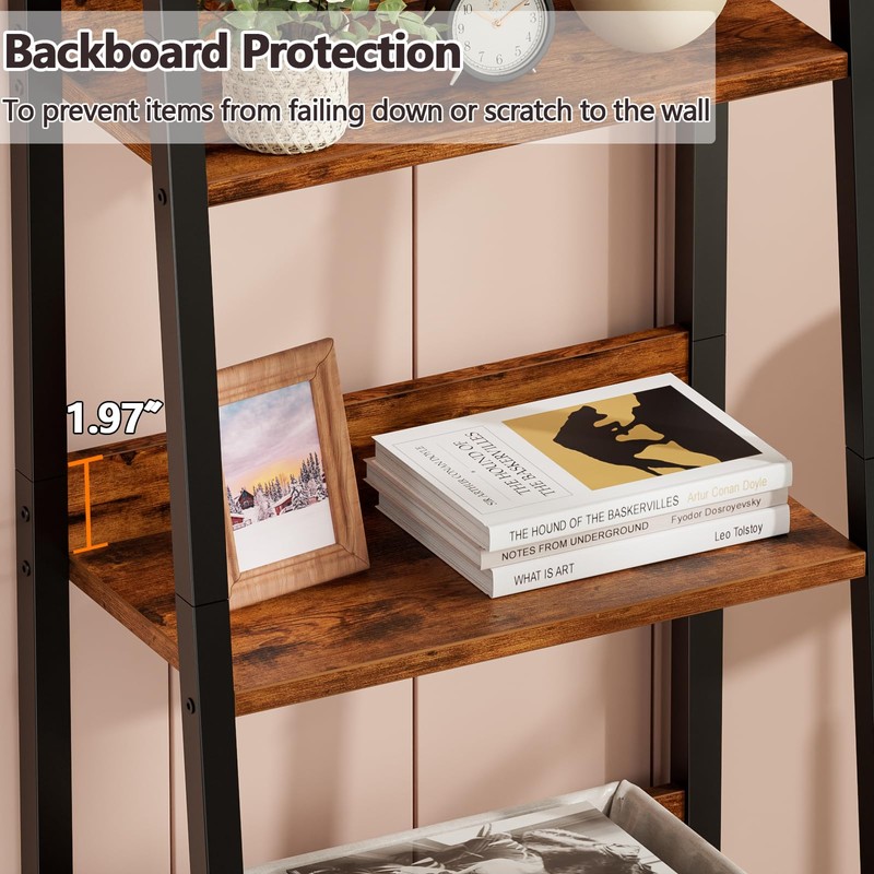 Furologee 5-Tier Ladder Shelf, Ladder Bookshelf with Removable Drawer, Rustic