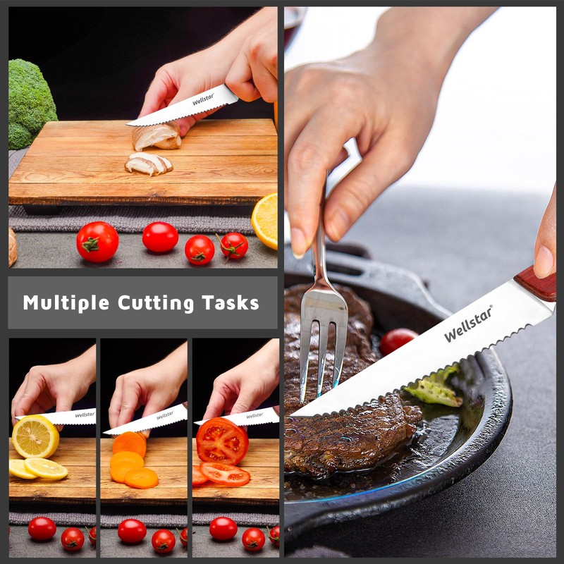 WELLSTAR 8-Piece Steak Knife Set with Wood Block – 4.75"