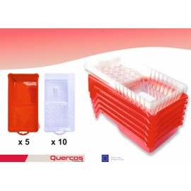 Quercos Profi Farbwanne Set 15x30 cm – 5 Farbwannen + 10 Einweg-Farbwanneneinsätze | Kunststoff Lackierwanne mit Abtropfgitter | Schneller Farbwechsel, Einfache Reinigung