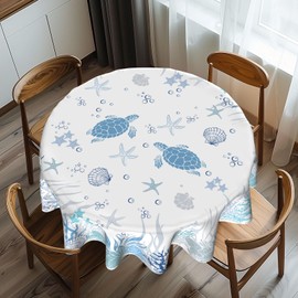 Imiss Sea Turtle Beach Round Tablecloth 60 Inch Nautical Themed Coral Starfish Seashell Table Cloth Washable Polyester Reusable Table Cover for Dining Party Picnic Holiday