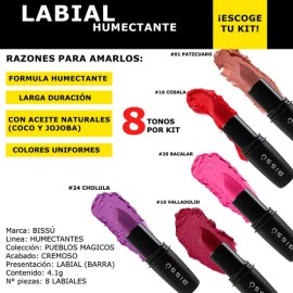 Bissu Pack 8 Labiales Humectantes | Fórmula Cremosa con Vitamina E | Alta Pigmentación | Sin Parabenos | Colección Pueblos Mágicos | Originales