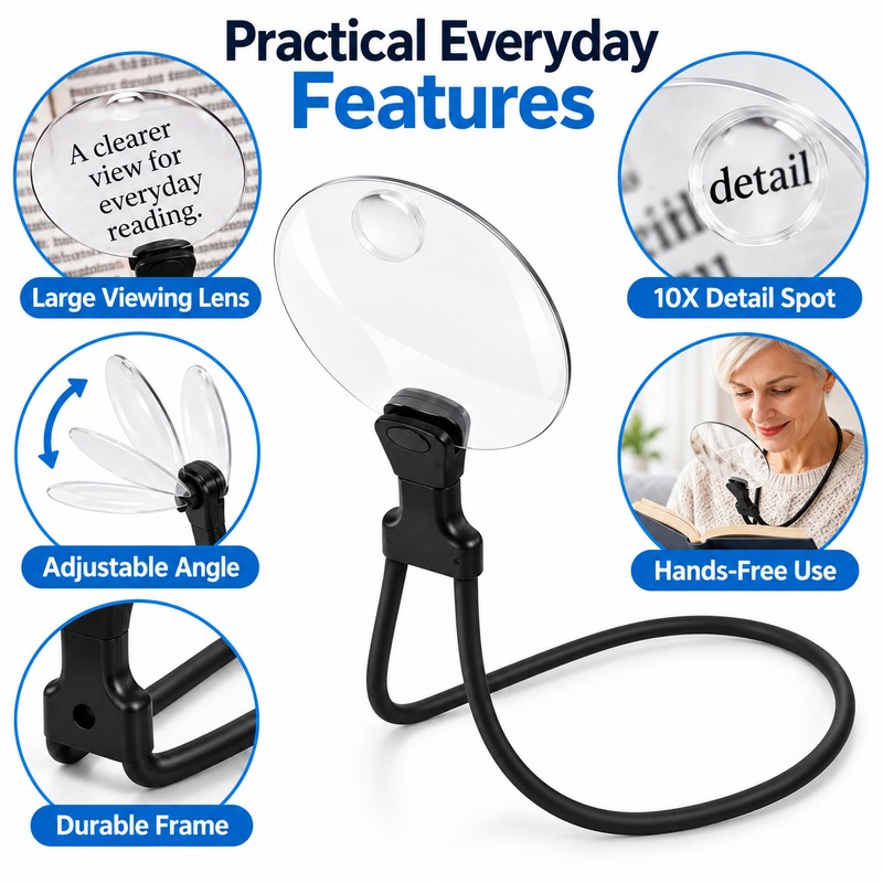 Hands-Free Neck Magnifying Glass, 3X & 10X Magnifier for Reading,