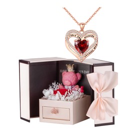 Generic Birthday Gift for Her, Preserved Rose Gift Box, Cute Moss Bear for Wife Girlfriend on Birthday Anniversary Mothers Day Christmas (Red box+necklace03), Pink
