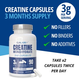Creatine Monohydrate Capsules | 360 Capsules | 3000mg Per Serving | 3 Months Supply | Easy Swallow Compared to Tablets | Unflavoured | Creatine Powder in Capsules | Made in The UK by CLN Labs
