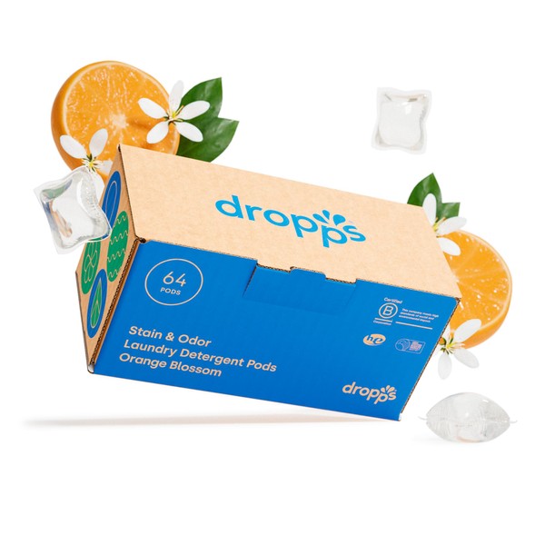 Dropps Stain & Odor Laundry Detergent | Orange Blossom, 64 Pods | Low-Waste Packaging | Works In All Machines - High Efficiency (HE) Compatible | Powered by Natural Plant-Based Ingredients