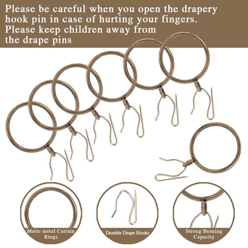 Curtain Rings with Hooks Rustproof Metal Drapery Rings with Eyelets