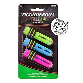 Ticonderoga Pencil Shaped Erasers, Neon Colors, 3 Count