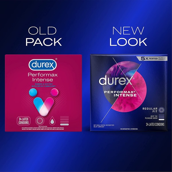 Durex Performax Intense Natural Rubber Latex Condoms, Regular Fit, 24 Count (Pack of 3), Contains Desensitizing Lube for Men, FSA & HSA Eligible (Packaging May Vary)