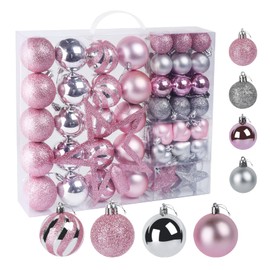 Agoer 60 Pieces Christmas Baubles Set Christmas Tree Baubles Glitter Decoration Christmas Baubles in Pink and Silver in Plastic with Star, Chain, Box, Hanging Decorations