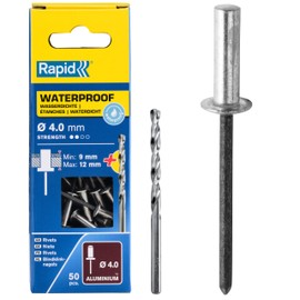 Rapid Blindnieten Wasserdicht Ø 4mm, 9-12mm Klemmbereich, 50 Stk. Aluminium Nieten, Set inkl. Bohrer, für Blindnietzangen