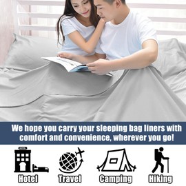 Plliocse Sleeping Bag Liner Travel Sheet Sleeping Bag, Double Size 180 x 210 cm Sleeping Bags Liners with Pillow Pockets for Adults, Travel, Hotels, Business Trip, Camping (Grey, 180cm x 210 cm)