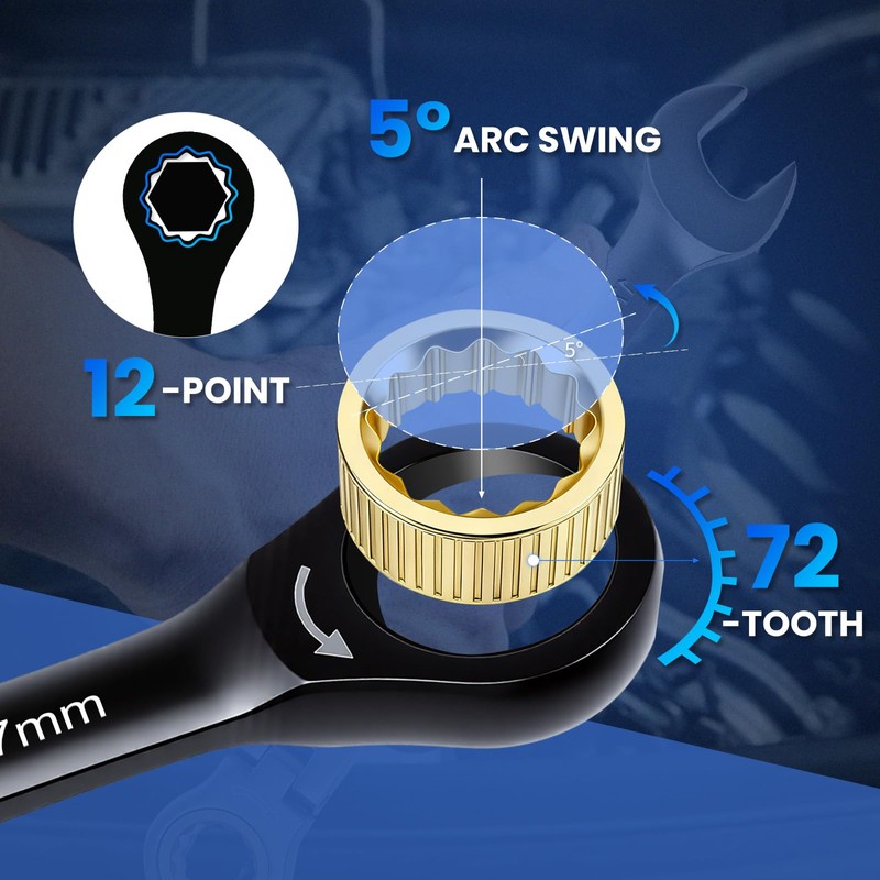 8PCS Metric Ratcheting Wrench Set, 72-Tooth Combination Wrench Set, 8-19mm