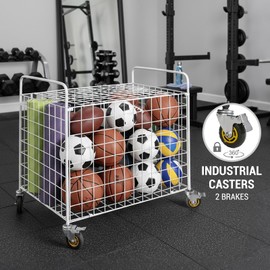 MyGift White Ball Cart with Wheels, Metal Rolling Sports Ball Storage Cage, Sports Equipment Organizer for Basketball, Football, Soccer, Volleyball