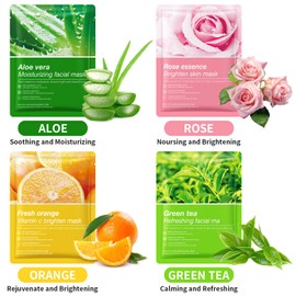 12 Pack Face Masks Skincare (Aloe, Green Tea, Vitamin C, Rose), Aloe Face Mask, Hydrating Face Masks, Soothing Face Mask, Face Sheet Mask for All Skin Types, Calming, Smoothing, Brightening, Moisturizing