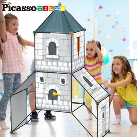 PicassoTiles Fort Building Kit 376 Pieces Kids STEM Educational Learning Construction Play Toy Indoor and Outdoor DIY Build Forts Castles Tents Playhouse with Cloth Cover Print Boy Girl Ages 5+ PTC126