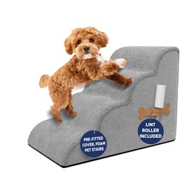 PAWZY Foam Pet Stairs for Small Dogs & Cats – 4-Step Dog Ramp 20” High, Wide Non-Slip Steps for Bed & Couch – Washable Pre-Fitted Cover (no Assembly Required), Waterproof Base – Grey