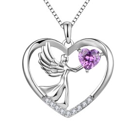 YL Angel Necklace 925 Sterling Silver 12 Birthstone Zirconia Guardian Angel Wing Pendant Necklace for Women, Chain 45 + 3 cm, Silver, Amethyst