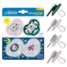 Dr. Brown's Advantage - Chupete para bebé que brilla en la oscuridad, chupete totalmente simétrico con foco de silicona suave, ardilla para patinete, naturaleza morada, 6-18 m, sin BPA, paquete de 4