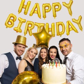 Gold Happy Birthday Balloons Banner,16 Inch Mylar Foil Letters Sign,Reusable Balloons for Women, Men, Boys & Girls Birthday Decorations Party Supplies
