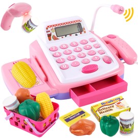 HYAKIDS Children's cash register toy with calculator function, scanner, toy grocery shopping basket, cash register children's role play, supermarket toy, gift for girls and boys from 3 years