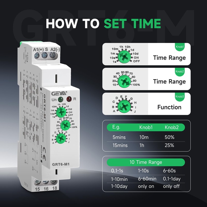 GEYA 10A Multifunctional Delay Time Relay 10 Function Choices AC/DC24V-240V