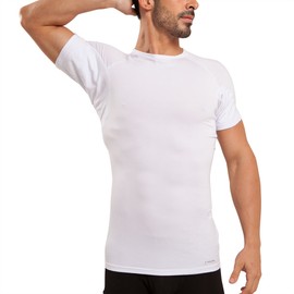 Ejis Sweatproof Undershirt Mens Modal Crew w Sweat Pads, Silver Treated to Fight Embarrassing Body Odor & Armpit Stains, Aluminum Free Alternative to Antiperspirant, Regular Fit (Small, White)