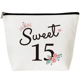 Warmalu 15 Year Old Girl Gifts: Sweet 15 Makeup Bag - Pink Floral Cosmetic Bag for Travel, Youth Girls