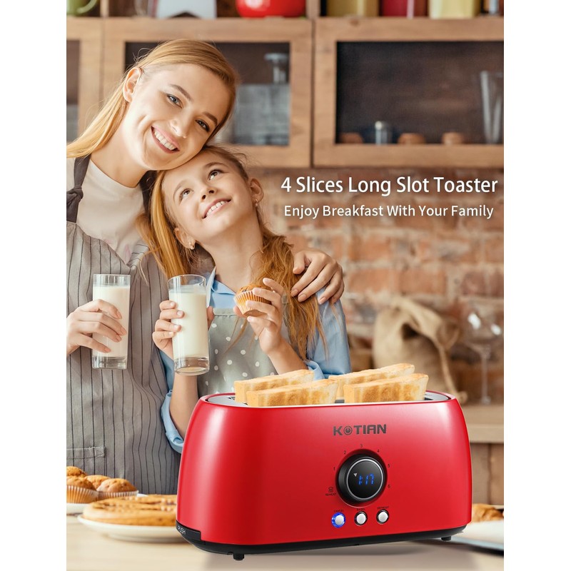 Toaster 4 Slice,KOTIAN Retro Long Slot Toasters with Countdown Timer,Stainless