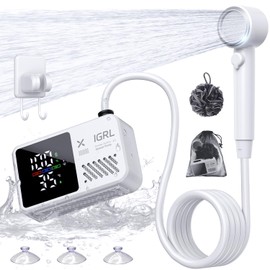 IGRL Portable Shower for Camping, Powerful 10L/Min Water Flow, Rechargeable Shower Pump with Bath Sponge, 4 Spray Modes, IPX8 Waterproof, 7800mAh Battery, Ideal for Hiking, Travel, Car Wash, Pet