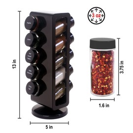 Orii Compact 10 Jar Black Rotating Spice Rack - Filled with Spices and Seasonings, Kitchen Countertop Organizer, Rotating Stand for Easy Access, Tower Design