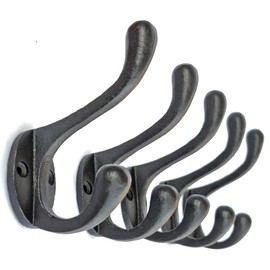 5 Pack Decorative Cast Iron Heavy Duty Double Hooks, Wall Mounted Coat Hooks, Vintage Inspired (Antique Black) (Cornish Hook)