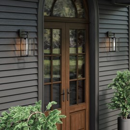 Nathan James Sedona Outdoor Black Wall Sconce Light Fixture, Exterior Porch Lantern with Open Iron Frame and Cylinder Glass Shade for Patio and Front Door, Black/Clear