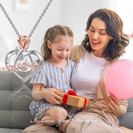 TOUPOP Gifts for Daughter Necklace from Mum Dad Sterling Silver I Love You Jewelry Birthday Christmas Gifts (Daughter Necklace with Rose Flower)