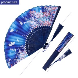 Rowbaty 4 Pieces Handheld Fans Floral Folding Fan Chinese Style Silk Bamboo Fans with Tassel for Dancing Wedding Party Gifts Wall Decoration(Grey & Blue)