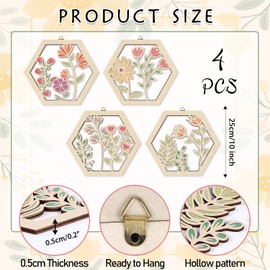 HOURIA 4 PCS Boho Flower Wall Art,Watercolor Wildflower Wooden Wall Hanging Decor for Living Room,8"*10" Inches Pink Beige Aesthetic Wood Wall Hanging,Botanical Floral Wall Art for Apartment Bedroom