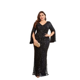 Plus Size Long Glitter Mermaid Dress for Mother of The Bride Women's Long Sleeve V-Neck Sequin Formal Gown Black 12