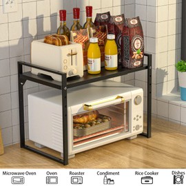 GEDLIRE 2 Tier Expandable Microwave Oven Rack, Height Adjustable Heavy Duty Microwave Toaster Countertop Stand Metal Shelf Rack, Pantry Shelf Organizers for Kitchen Counter Organization, Black