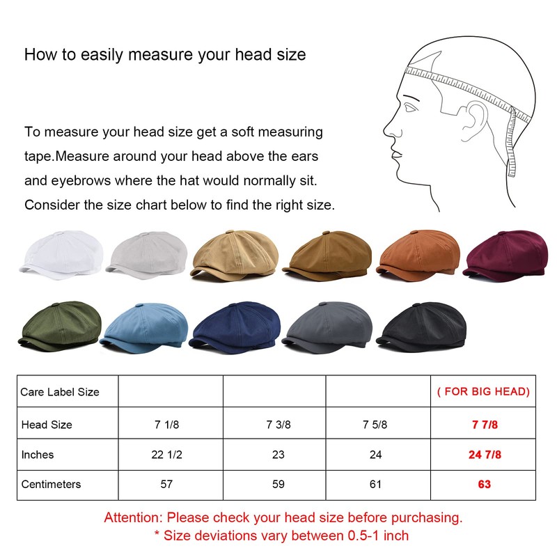 BOTVELA Men's 8 Piece Newsboy Flat Cap 100% Cotton Gatsby