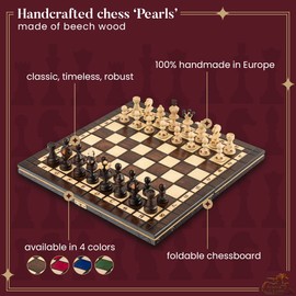 Master of Chess PEARL 35cm / 14 in Popular Europen Chess Set Hand Crafted Chess Board and Pieces Sets with Burnt Ornaments Luxury Chess Sets for Kids and for Adults in 4 Colors