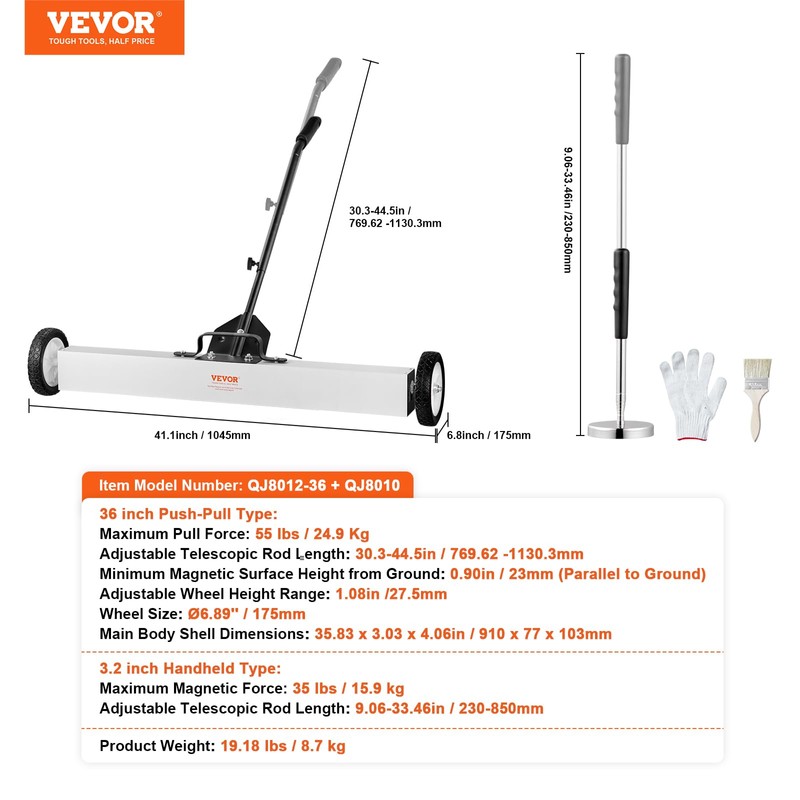 VEVOR 36-Inch Magnetic Sweeper with Wheels, 55 lbs Capacity, with