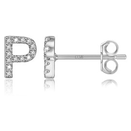 CRYSLOVE 925 Sterling Silver Initial Letter Stud Earrings for Women Girls Cubic Zirconia P Alphabet Letter Monogram Name Jewelry Studs Birthday Gifts