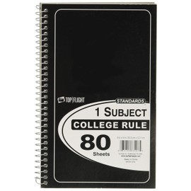 Top Flight Standards 1-Subject Wirebound Notebook, No Holes, 80 Sheets, College Rule, 8 x 5 Inches, 1 Notebook, Color May Vary (33107)