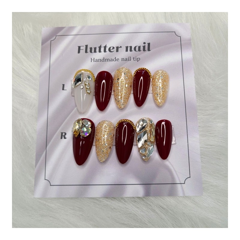 Burgundy & Gold Glitter Full Parts Handmade Nail Tips -