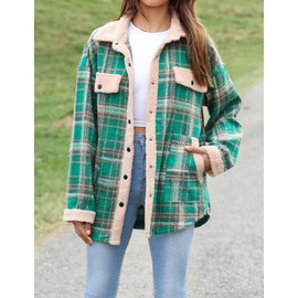 HOTOUCH Womens Flannel Plaid Button Down Shirts Shackets Button Down Fleece Collared Tartan Jacket Winter Coats with Pockets Green