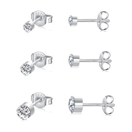 SNORSO 3 Pairs Silver Stud Earrings Set for Women Men Girls, Hypoallergenic Silver Tiny Small Round Cubic Zirconia Stud Earrings for Kids, Cartilage Sleeper Studs for Multiple Piercings (2, 3, 4mm)