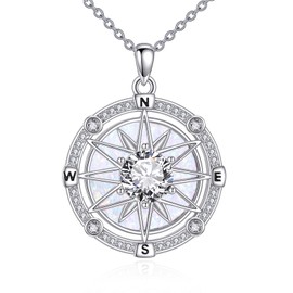 AXELUNA Compass Necklace 925 Sterling Silver Graduation Friendship Amulet Pendant White Opal Jewelry Incentive Graduation Gifts For Graduates Women Men