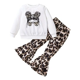 KIDLAGA Kid Girl Clothes Figure Graphic Drop Shoulder Pullover Leopard Print Flared Pants Fall Winter Outfit Set(6-7T)