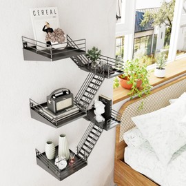 MVPSONAG Fire Escape Shelf - 5 Tier Large Metal Black Fire Escape Wall Shelves with Baskets, New York Action Figurine Display Shelf, Unique Rustic Floating Decorative Wall Shelves for Home